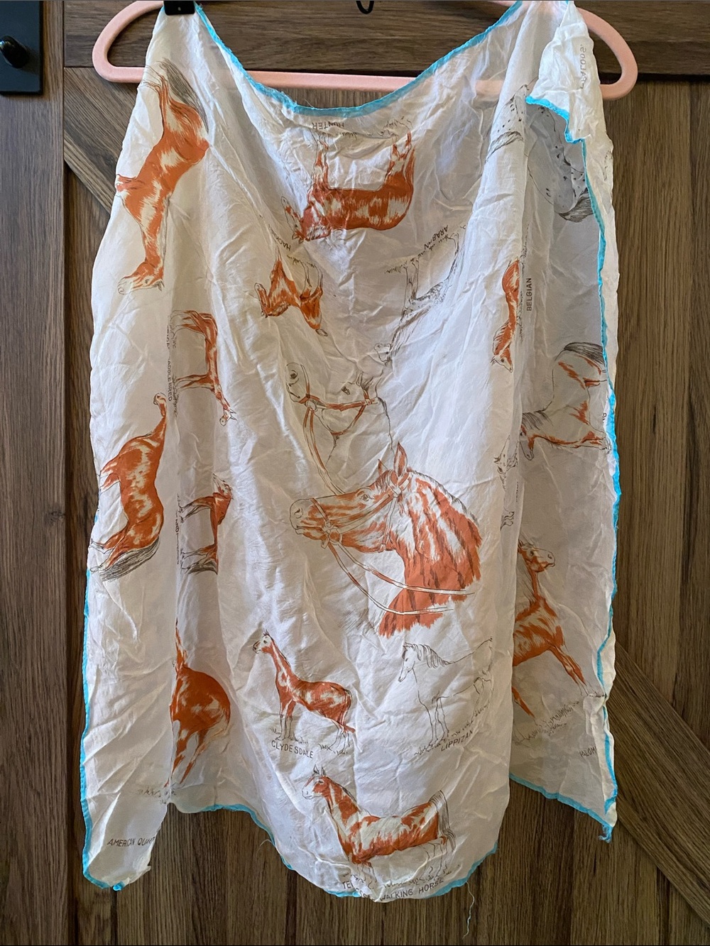 Vintage 60s Horse Breeds Scarf Stitched Edge Equestrian Graphic Print